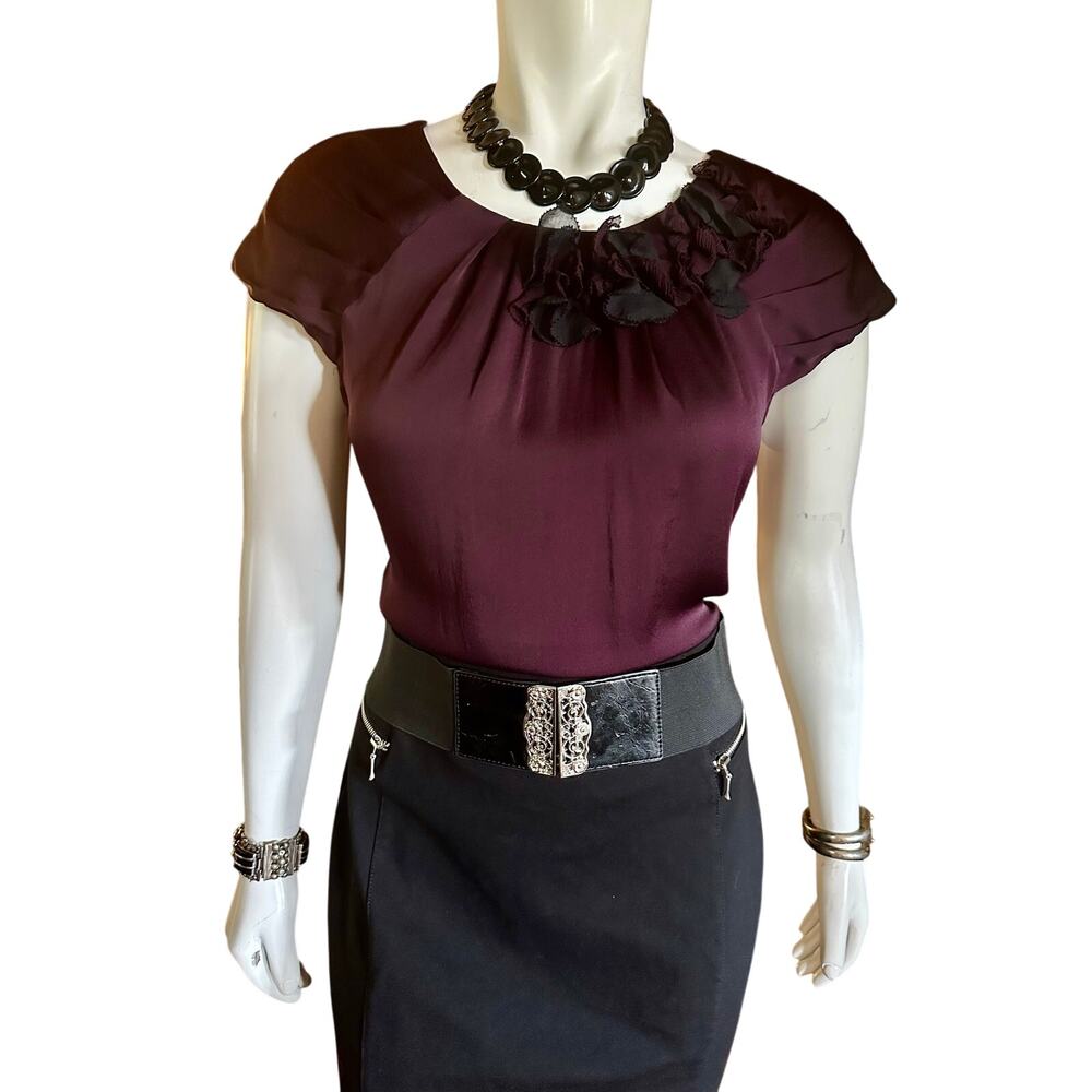 Medium Elegant Ann Taylor Plum Silk-Blend Rosette Blouse - Office Siren Style